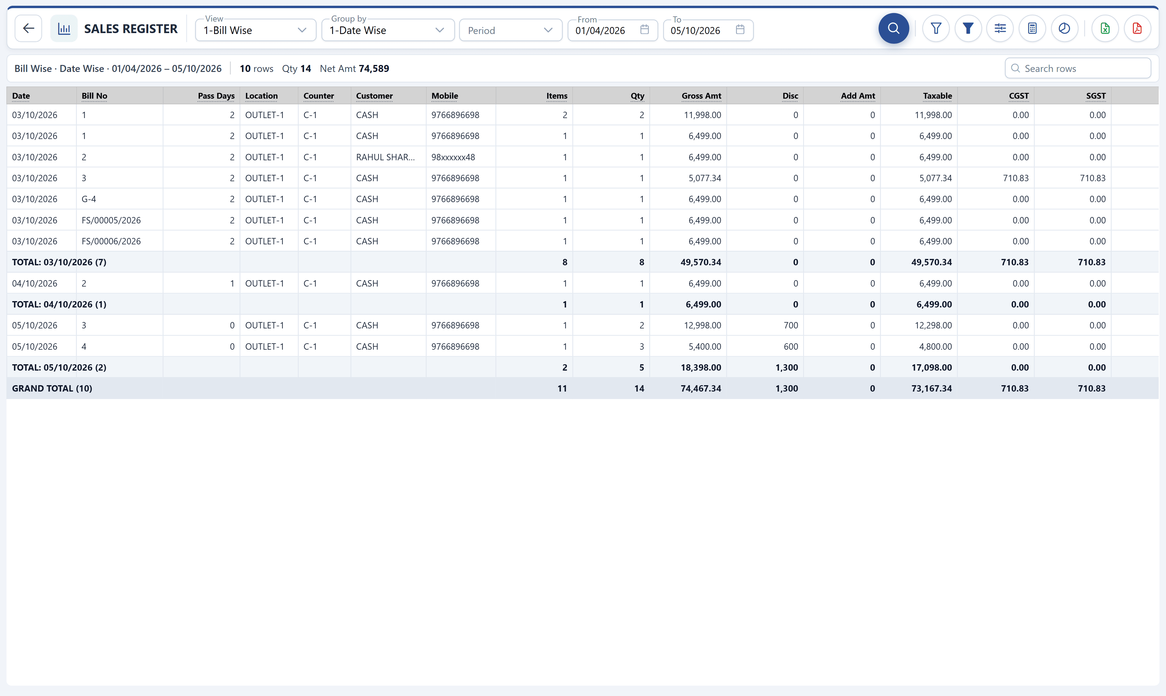 BitBuy ERP Sales Register screen