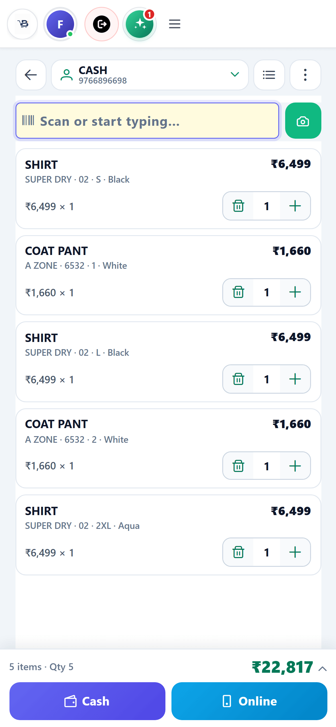 BitBuy mobile billing with five items in the cart